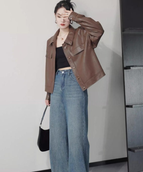 Aelina レザージャケット ライダース 襟付きショートフェイクレザー