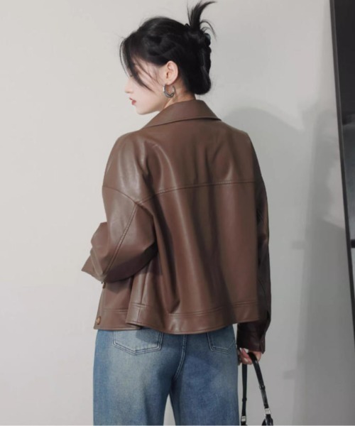 Aelina レザージャケット ライダース 襟付きショートフェイクレザー
