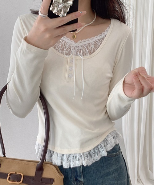 新品　LETICIA 上品なレイヤードレースのカットソー¥31900 LACーVERT tシャツ レースレイヤードカットソー レディース : ZOZOTOWN