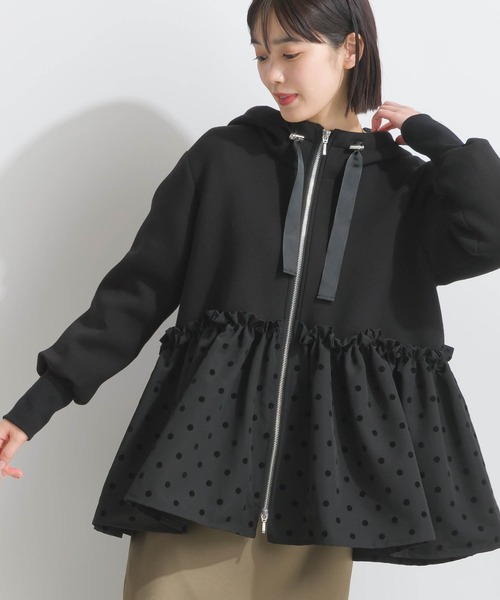 パーカー 裾フロッキードットフードパーカー レディース PICCIN PERLA パーカー 裾フロッキードットフードパーカー