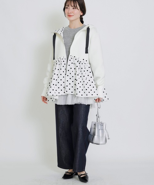 PICCIN PERLA パーカー 裾フロッキードットフードパーカー レディース