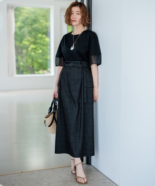 スカート 「洗える」デニムライクシャンブレー Iライン スカート  