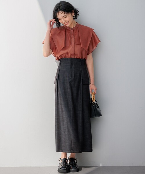 スカート 「洗える」デニムライクシャンブレー Iライン スカート  