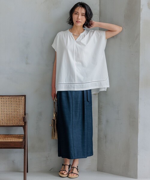 スカート 「洗える」デニムライクシャンブレー Iライン スカート  