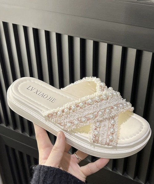 miniministore サンダル 厚底サンダル パール付き クロス