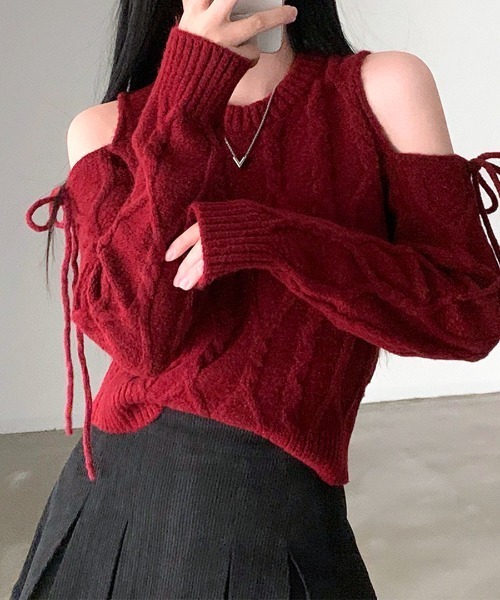 Riff（リフ） ニット セーター オープンショルダーリボンケーブル