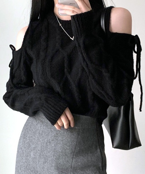Riff（リフ） ニット セーター オープンショルダーリボンケーブル