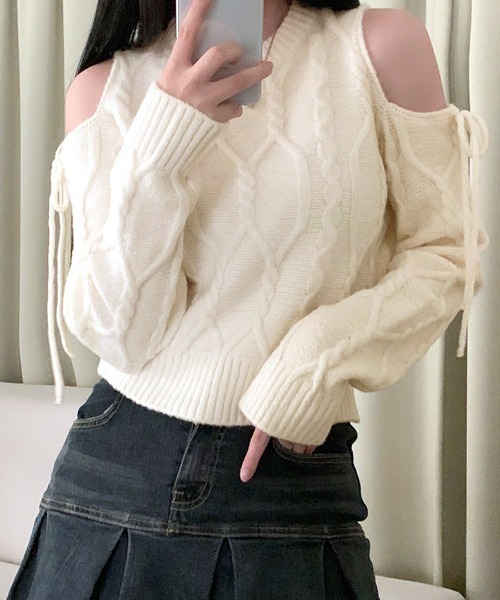 Riff（リフ） ニット セーター オープンショルダーリボンケーブル