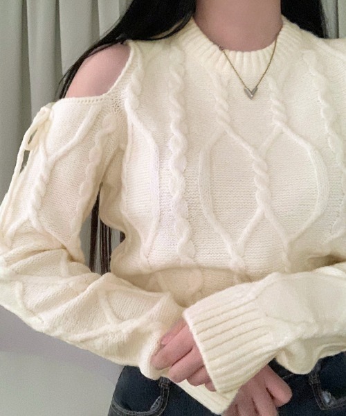 Riff（リフ） ニット セーター オープンショルダーリボンケーブル