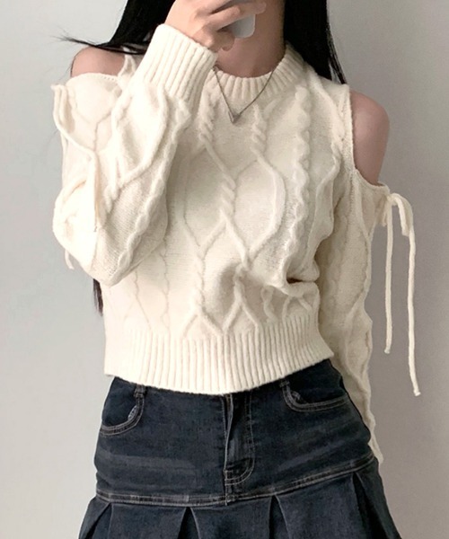 Riff（リフ） ニット セーター オープンショルダーリボンケーブル