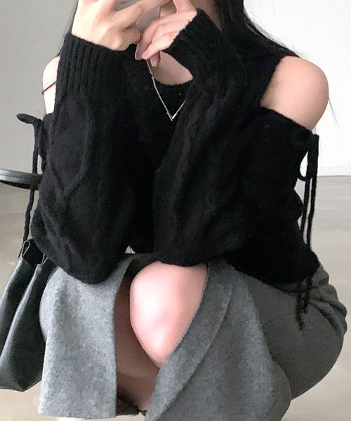 Riff（リフ） ニット セーター オープンショルダーリボンケーブル