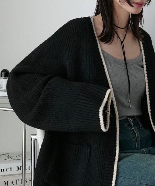 forksy. カーディガン 「forksy.」バイカラーラインオーバーサイズ