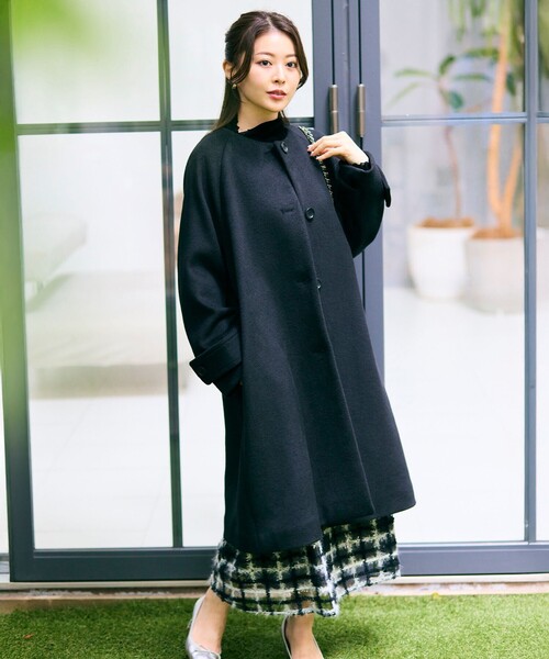 【美品】UNITED ARROWS ベルライン　カシミヤ混ノーカラーコート　36 コットンナイロン ノーカラー ベルトコート ―撥水加工―