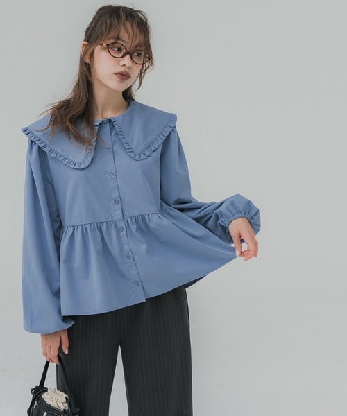 coca（コカ） ブラウス シャツ ビッグカラー切り替えギャザーブラウス