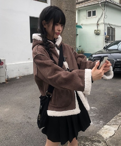 anyonemore ムートンコート ボアコート フード付きスエード調ダッフル