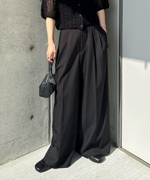 スラックス レディース ワイドパンツ タック入り センタープレス スラックス パンツ センタープレスタックワイドスラックス