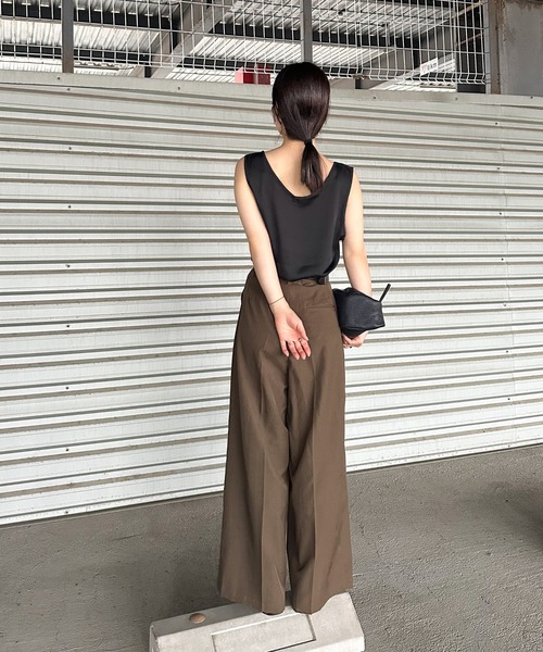 スラックス レディース ワイドパンツ タック入り センタープレス スラックス パンツ センタープレスタックワイドスラックス