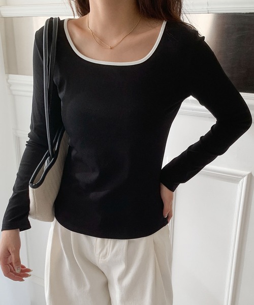 LOWO tシャツ スクエアネックバイカラーカットソー レディース