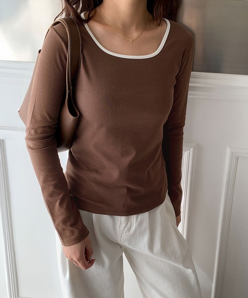 LOWO tシャツ スクエアネックバイカラーカットソー レディース