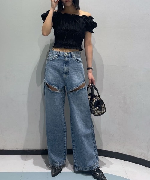 SLY スライ J/W HOLE TUCK PT デニムパンツ セール】J/W HOLE TUCK PT ジャスト ウエスト ホール タック