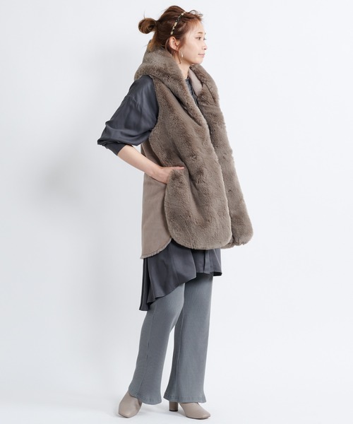 DOUDOU リバーシブルノーカラーファーベスト DouDou」 ベスト FREE