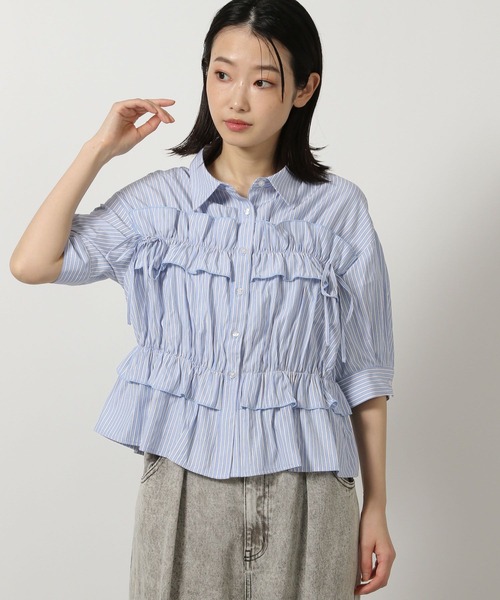 LAKOLE（ラコレ） ブラウス シャツ ストライプフリルシャツ（5分袖