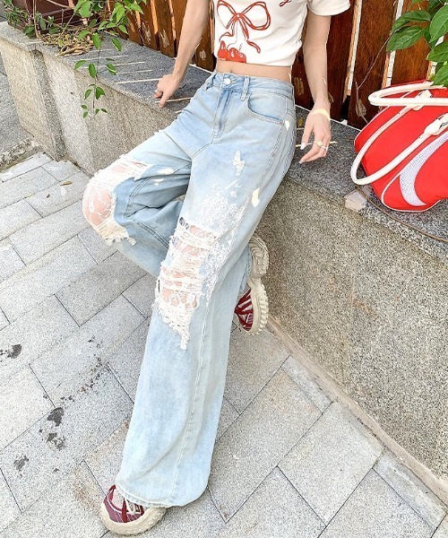 SHEENA（シーナ） ワイドパンツ ジーンズ デニム デニムパンツ レース