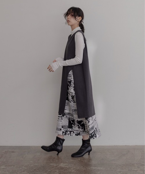 Eimee Law（エイミーロウ） ワンピース ニュースペーパー柄レイヤード