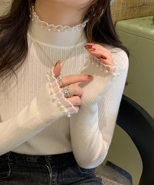 NoBelle ニット セーター パール付き タートルネック レディース