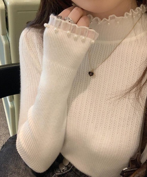 NoBelle ニット セーター パール付き タートルネック レディース