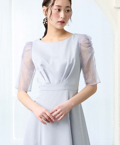 パーティードレス ドレス サテンレースギャザースリーブフレアパーティードレス　結婚式　お呼ばれ　ドレス　20代 30代の画像
