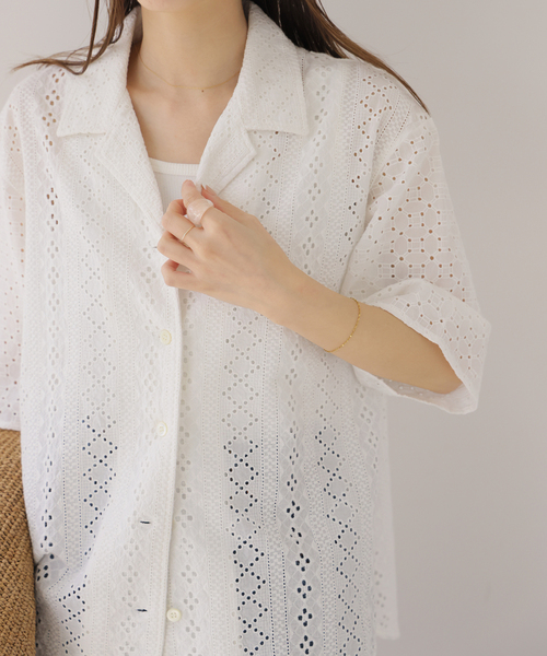 ブラウス シャツ 「一部WEB限定追加」コットンカットワーク刺繍開襟シャツ レディースの画像