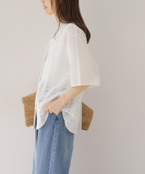 ブラウス シャツ 「一部WEB限定追加」コットンカットワーク刺繍開襟シャツ レディースの画像