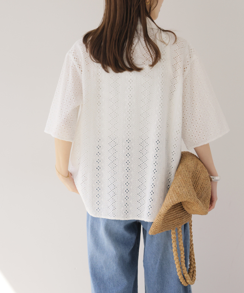 ブラウス シャツ 「一部WEB限定追加」コットンカットワーク刺繍開襟シャツ レディースの画像