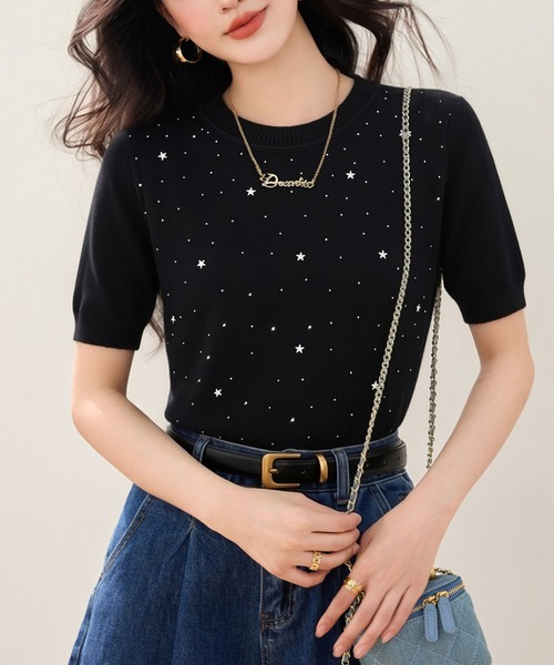 tシャツ 半袖 ラインストーン装飾 星柄 ニット クルーネック トップス