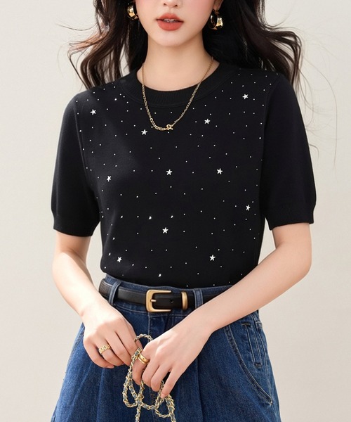 tシャツ ラインストーン装飾 星柄 ニット 半袖 クルーネック トップス 