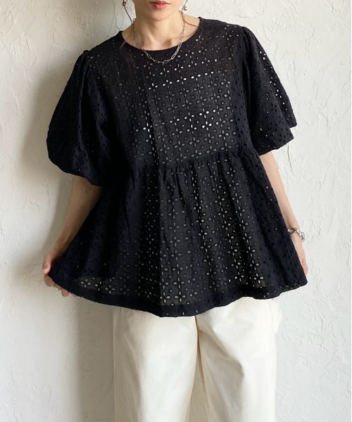 She's Closet ブラウス シャツ 半袖 スカラップレース 半袖 ボリューム