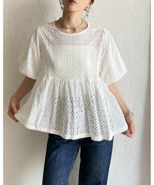 She's Closet ブラウス シャツ 半袖 スカラップレース 半袖 ボリューム