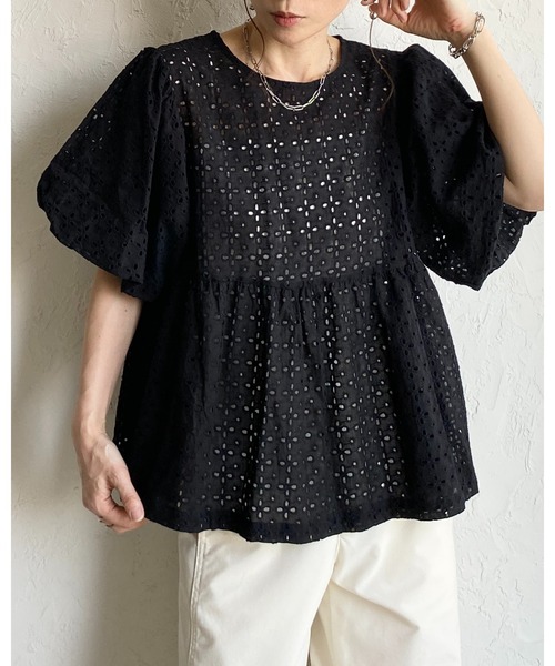She's Closet ブラウス シャツ 半袖 スカラップレース 半袖 ボリューム