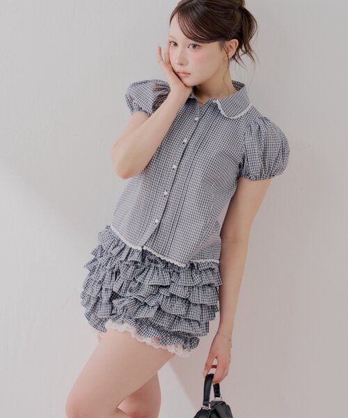 CHICO コンパクトパフブラウス レースレイヤードティアードショートパンツ Chico（チコ） パンツ 「セットアップ対応」レースレイヤード
