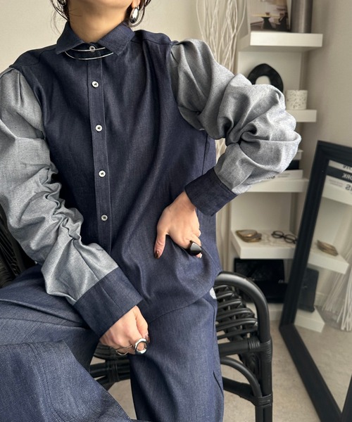 ブラウス シャツ デニム袖シャーリングシャツ レディース