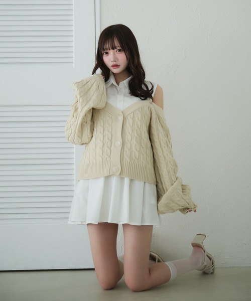 カーディガン cable knit docking shirt onepiece / ケーブルニットドッキングシャツワンピース レディース