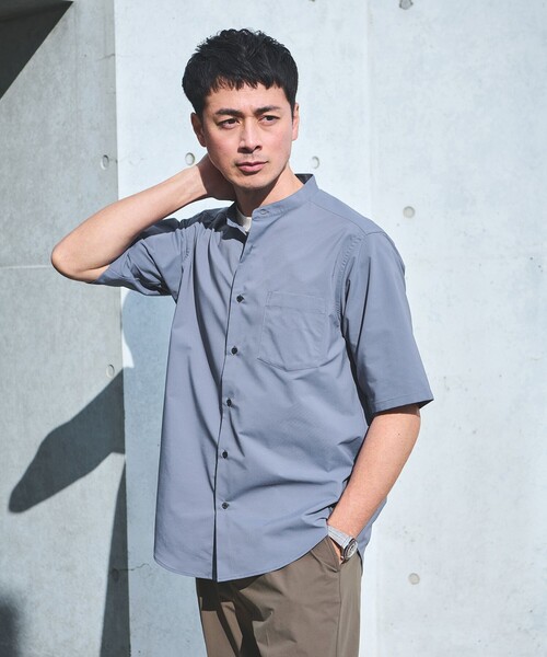 【green label relaxing】半袖シャツ バンドカラー ネイビー green label relaxing シャツ ウォッシャブルトロ バンドカラー