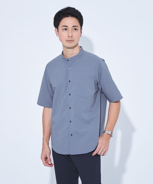 【green label relaxing】半袖シャツ バンドカラー ネイビー green label relaxing シャツ WONDER CLOTH バンドカラー 半袖