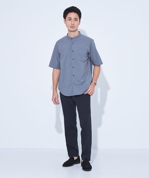 【green label relaxing】半袖シャツ バンドカラー ネイビー green label relaxing シャツ WONDER CLOTH バンドカラー 半袖