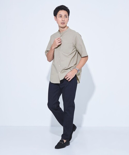 【green label relaxing】半袖シャツ バンドカラー ネイビー セール】WONDER CLOTH バンドカラー 半袖 シャツ -ストレッチ