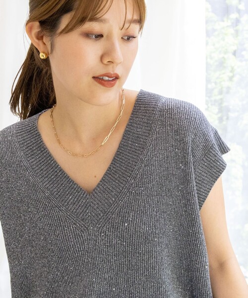 ベスト ジレ ラメスパンコールノースリーブVネックプルオーバーニット レディース NOLLEY'S ベスト ジレ ラメスパンコールノースリーブVネックプル