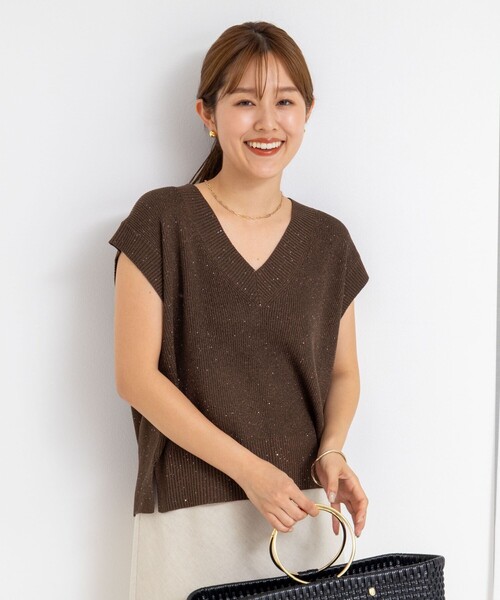 ベスト ジレ ラメスパンコールノースリーブVネックプルオーバーニット レディース NOLLEY'S ベスト ジレ ラメスパンコールノースリーブVネックプル