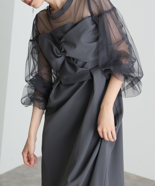 atlo（アトロ） ドレス ミモレ丈＆袖ありフォーマルパフスリーブ立体