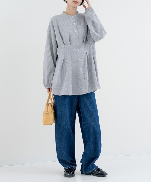 ブラウス シャツ 「refinedworks」ダブルタック ストライプチュニック